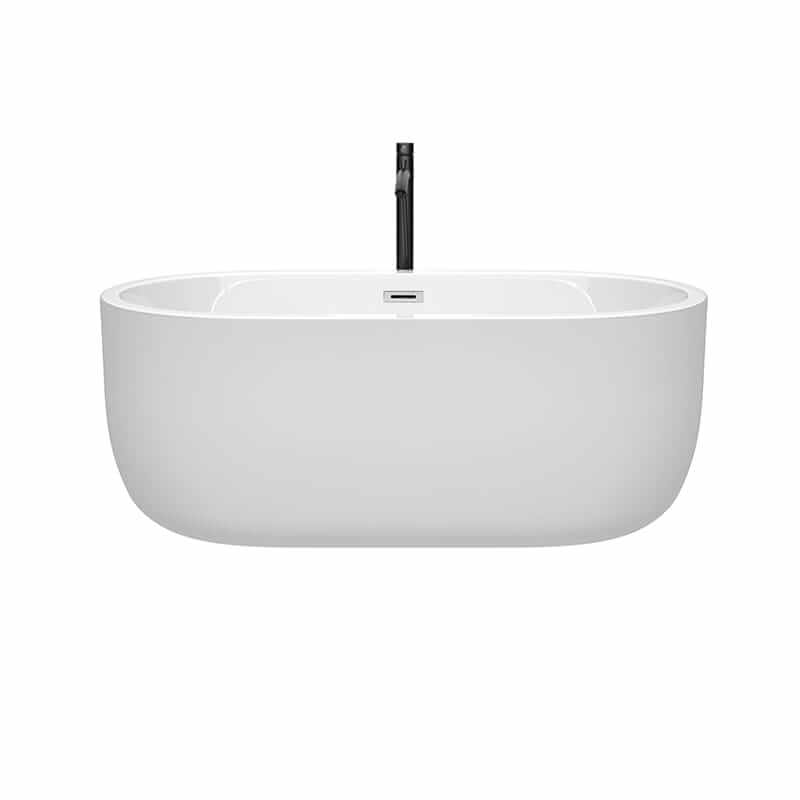 Wyndham Collection Juliette 60 Inch Freestanding Acrylic White Bathtub With Polished Chrome Trim and Matte Black Faucet Front View