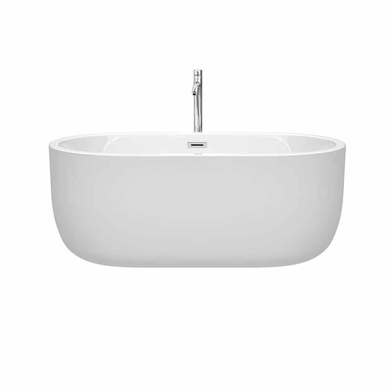 Wyndham Collection Juliette 60 Inch Freestanding Acrylic White Bathtub With Polished Chrome Trim Front View