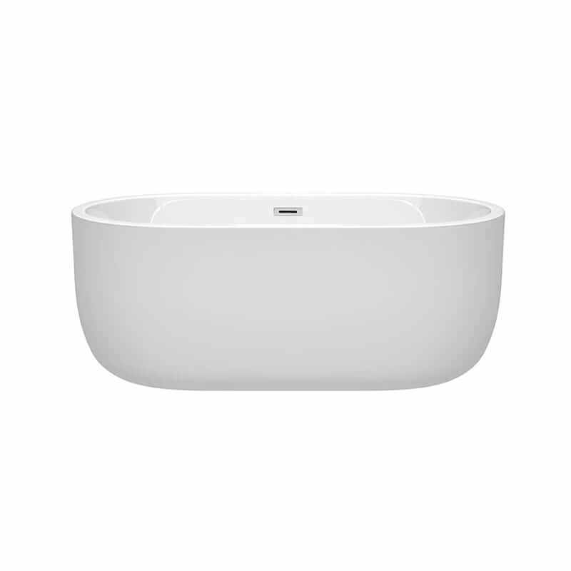 Wyndham Collection Juliette 60 Inch Freestanding Acrylic White Bathtub With Polished Chrome Trim No Faucet Front View