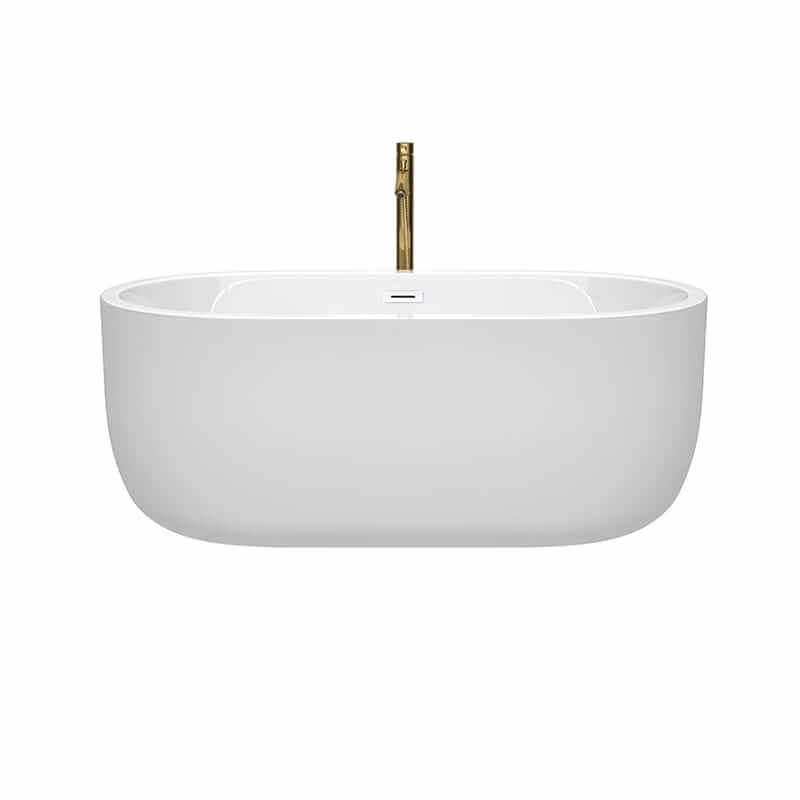 Wyndham Collection Juliette 60 Inch Freestanding Acrylic White Bathtub With Shiny White Trim and Brushed Gold Faucet Front View