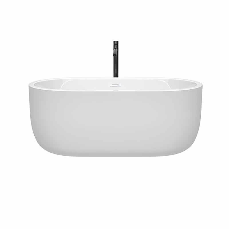 Wyndham Collection Juliette 60 Inch Freestanding Acrylic White Bathtub With Shiny White Trim and Matte Black Faucet Front View