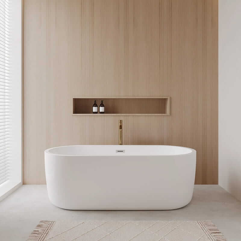 Wyndham Collection Juliette 67" Freestanding Acrylic White Bathtub With Polished Chrome Trim and Brushed Gold Faucet Lifestyle