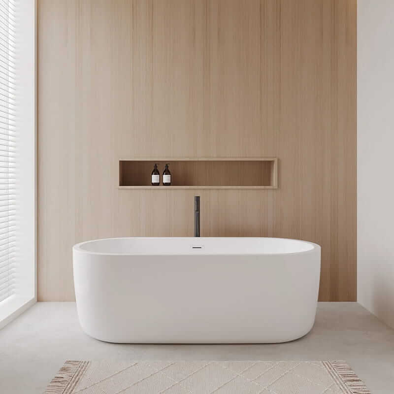 Wyndham Collection Juliette 67" Freestanding Acrylic White Bathtub With Shiny White Trim and Matte Black Faucet Lifestyle