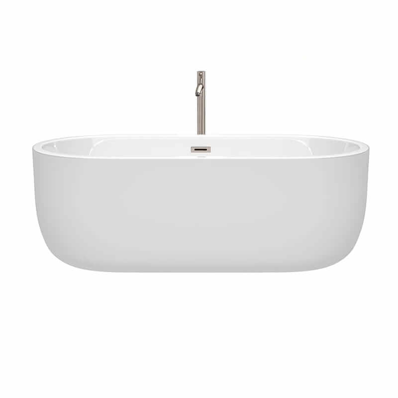 Wyndham Collection Juliette 67 Inch Freestanding Acrylic White Bathtub With Brushed Nickel Trim Front View