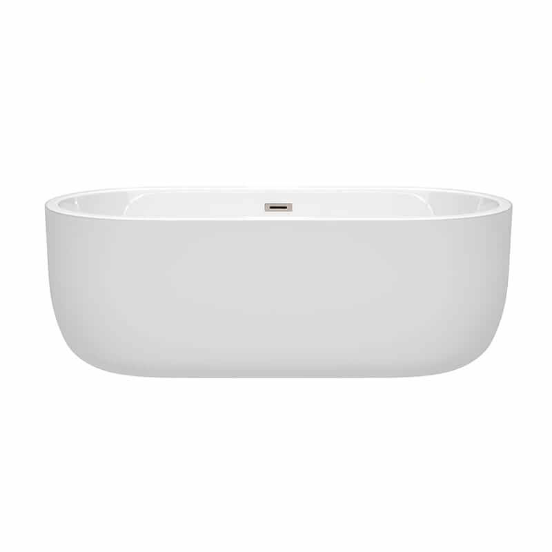 Wyndham Collection Juliette 67 Inch Freestanding Acrylic White Bathtub With Brushed Nickel Trim No Faucet Front View
