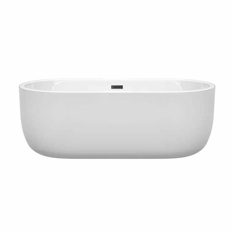 Wyndham Collection Juliette 67 Inch Freestanding Acrylic White Bathtub With Matte Black Trim No Faucet Front View