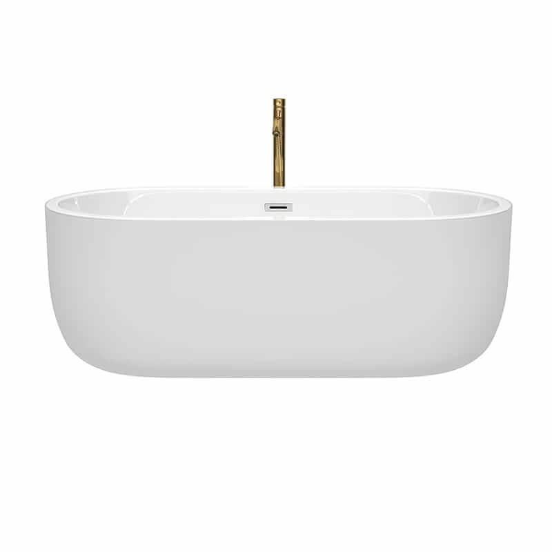 Wyndham Collection Juliette 67 Inch Freestanding Acrylic White Bathtub With Polished Chrome Trim and Brushed Gold Faucet Front View