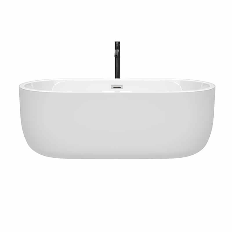 Wyndham Collection Juliette 67 Inch Freestanding Acrylic White Bathtub With Polished Chrome Trim and Matte Black Faucet Front View