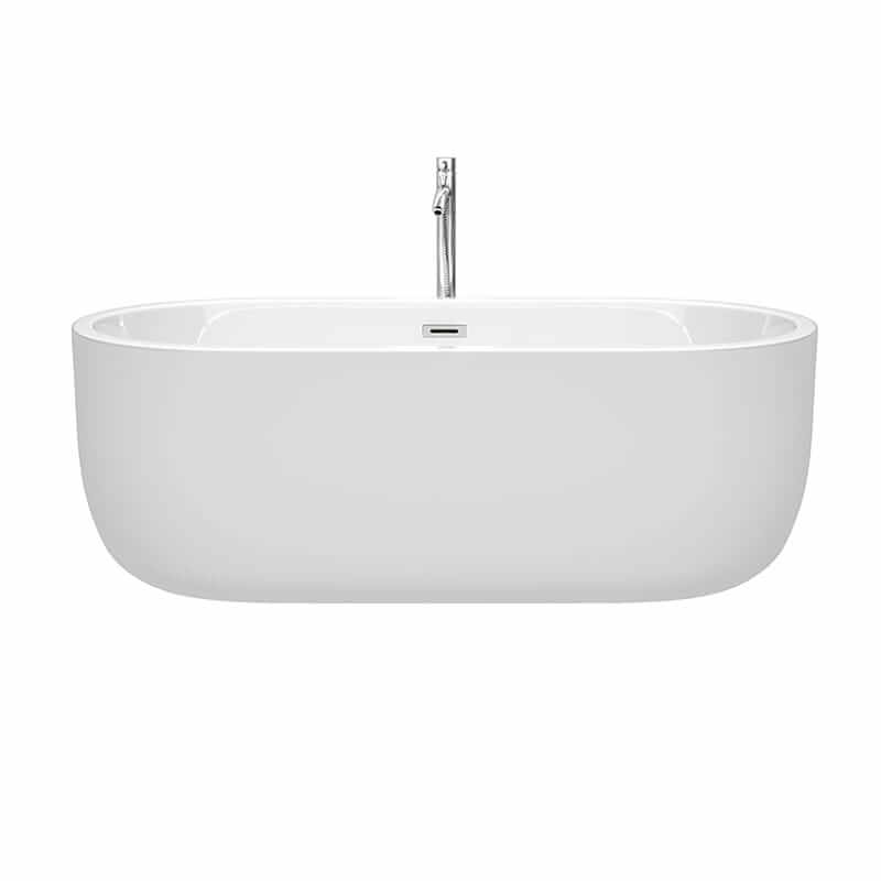 Wyndham Collection Juliette 67 Inch Freestanding Acrylic White Bathtub With Polished Chrome Trim Front View