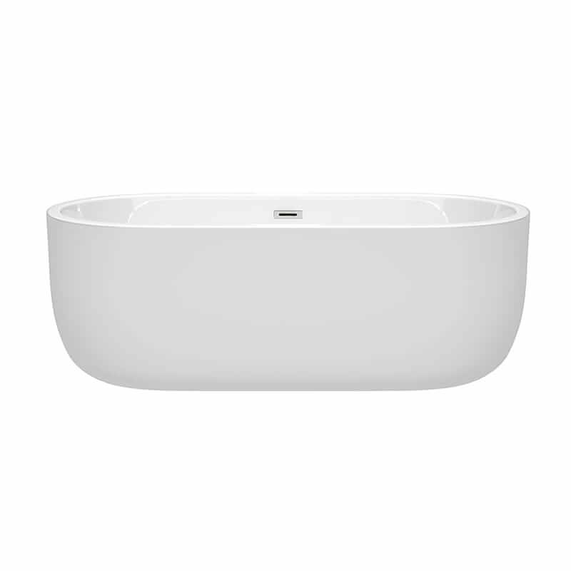 Wyndham Collection Juliette 67 Inch Freestanding Acrylic White Bathtub With Polished Chrome Trim No Faucet Front View