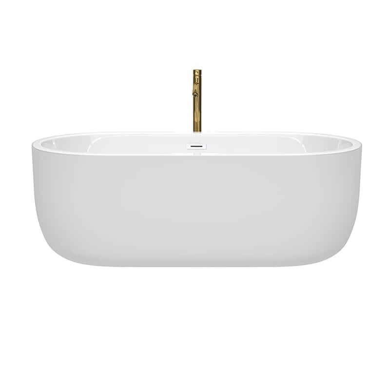 Wyndham Collection Juliette 67 Inch Freestanding Acrylic White Bathtub With Shiny White Trim and Brushed Gold Faucet Front View