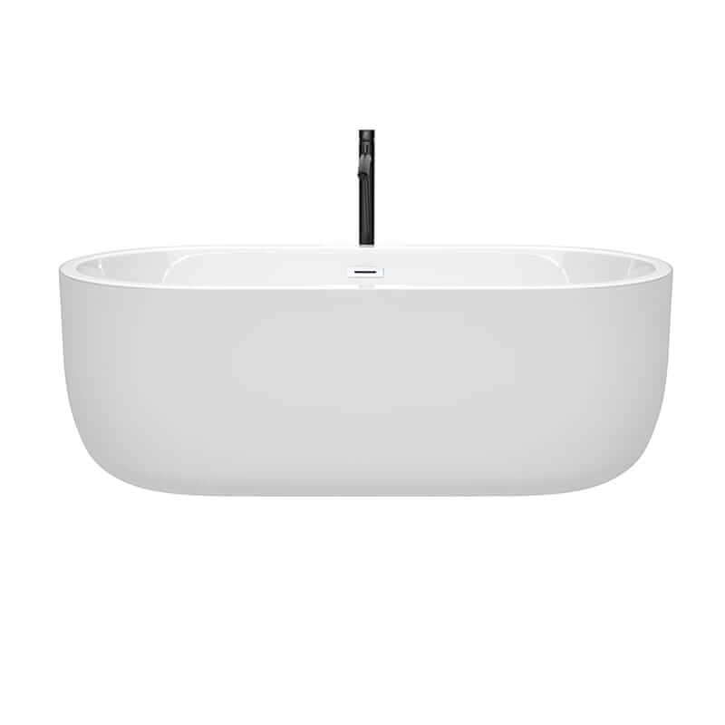 Wyndham Collection Juliette 67 Inch Freestanding Acrylic White Bathtub With Shiny White Trim and Matte Black Faucet Front View