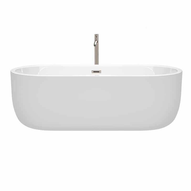 Wyndham Collection Juliette 71 Inch Freestanding Acrylic White Bathtub With Brushed Nickel Trim Front View