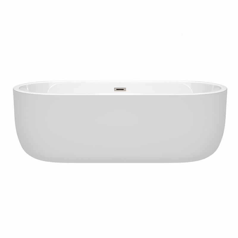 Wyndham Collection Juliette 71 Inch Freestanding Acrylic White Bathtub With Brushed Nickel Trim No Faucet Front View