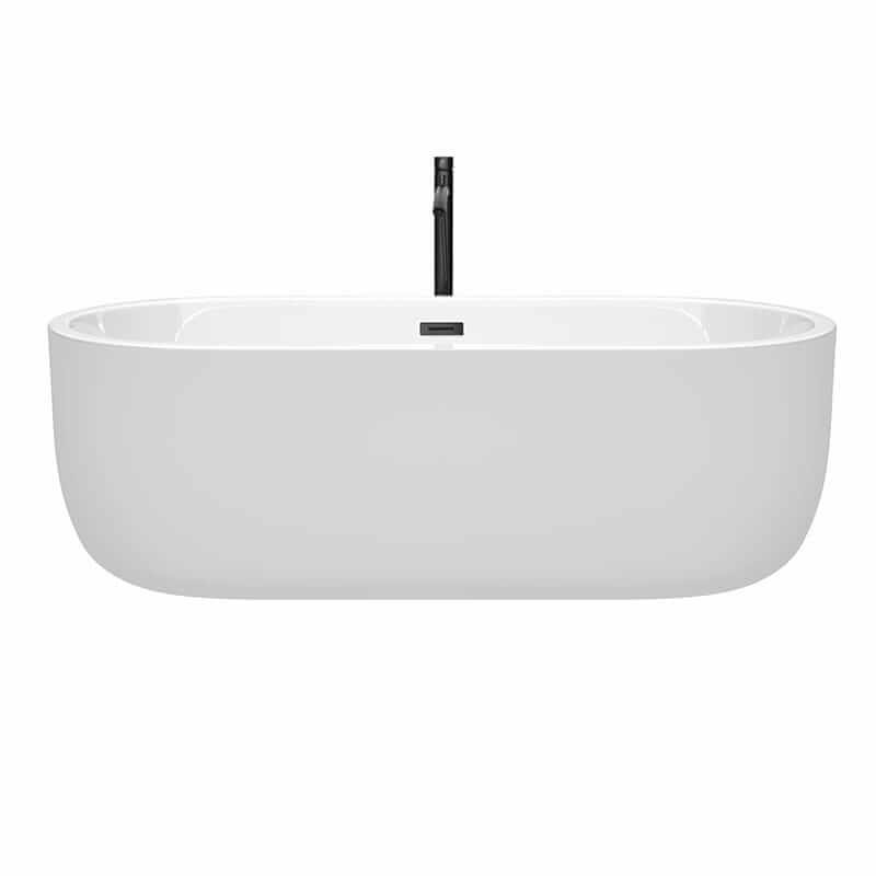Wyndham Collection Juliette 71 Inch Freestanding Acrylic White Bathtub With Matte Black Trim Front View