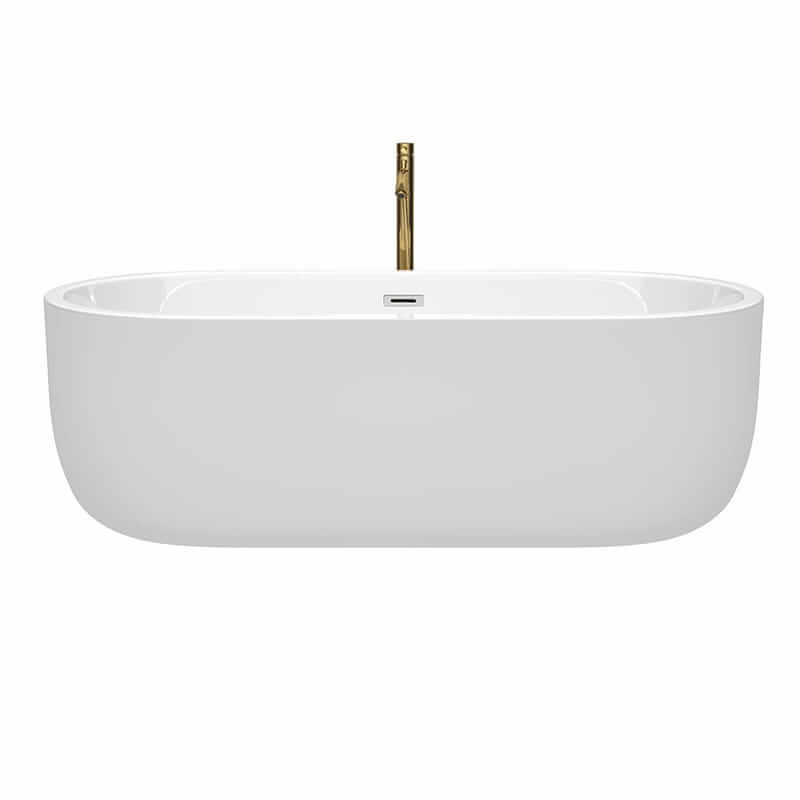 Wyndham Collection Juliette 71 Inch Freestanding Acrylic White Bathtub With Polished Chrome Trim and Brushed Gold Faucet Front View