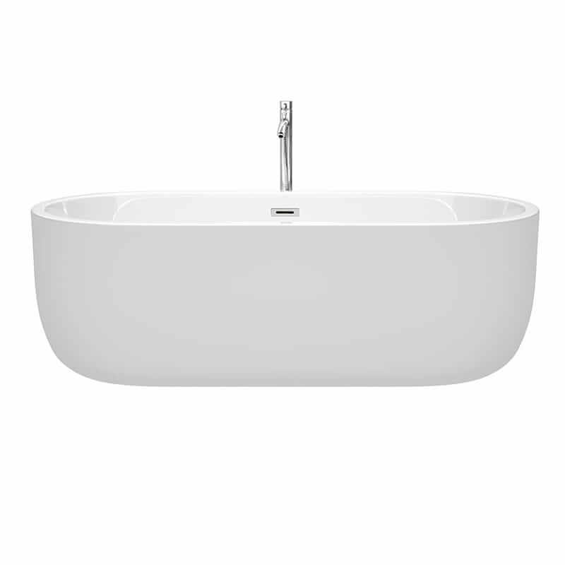 Wyndham Collection Juliette 71 Inch Freestanding Acrylic White Bathtub With Polished Chrome Trim Front View