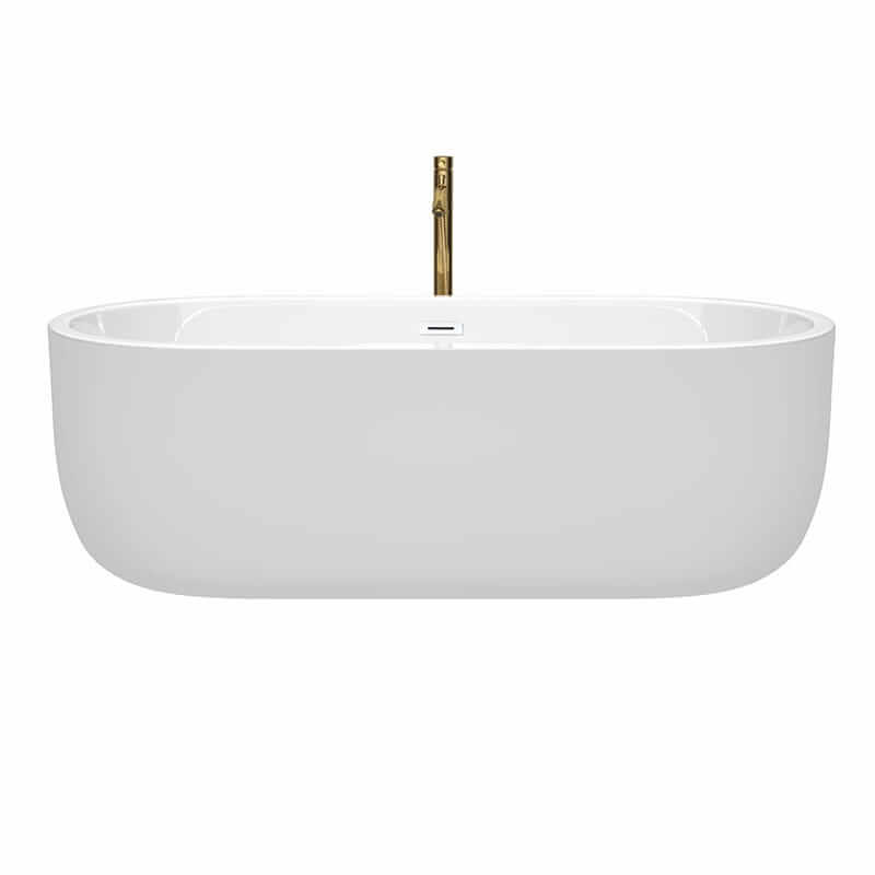 Wyndham Collection Juliette 71 Inch Freestanding Acrylic White Bathtub With Shiny White Trim and Brushed Gold Faucet Front View