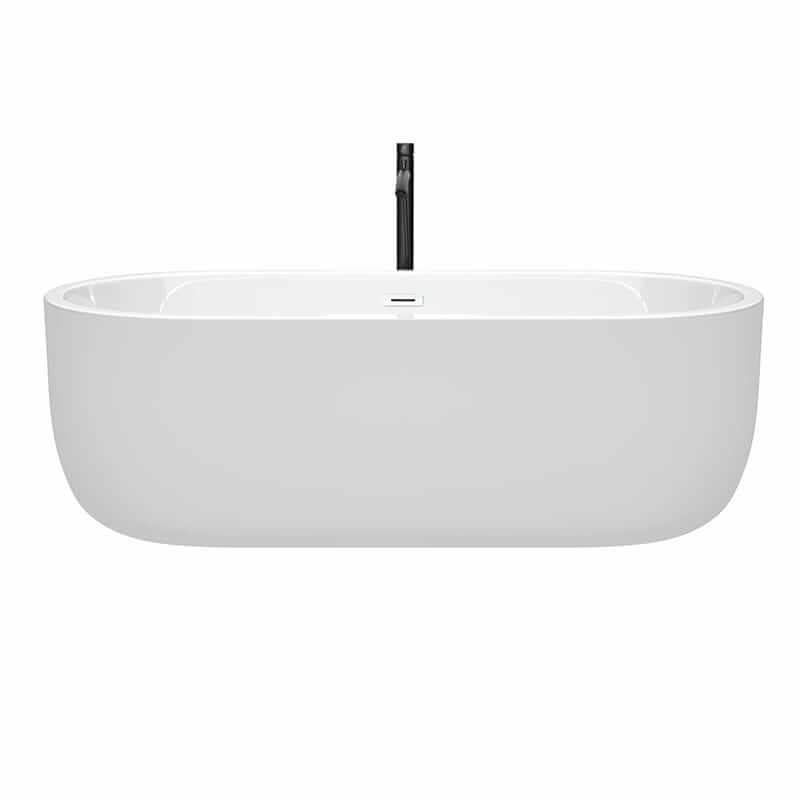 Wyndham Collection Juliette 71 Inch Freestanding Acrylic White Bathtub With Shiny White Trim and Matte Black Faucet Front View
