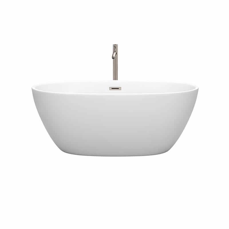 Wyndham Collection Juno 59 Inch Freestanding Acrylic Matte White Bathtub With Brushed Nickel Trim Front View