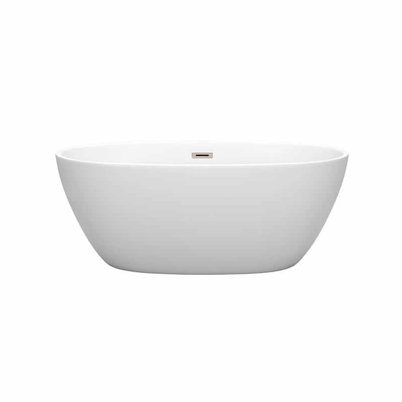 Wyndham Collection Juno 59 Inch Freestanding Acrylic Matte White Bathtub With Brushed Nickel Trim No Faucet Front View