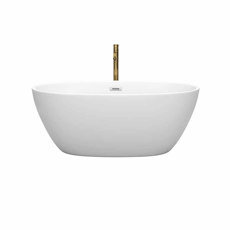 Wyndham Collection Juno 59 Inch Freestanding Acrylic Matte White Bathtub With Polished Chrome Trim and Brushed Gold Front View