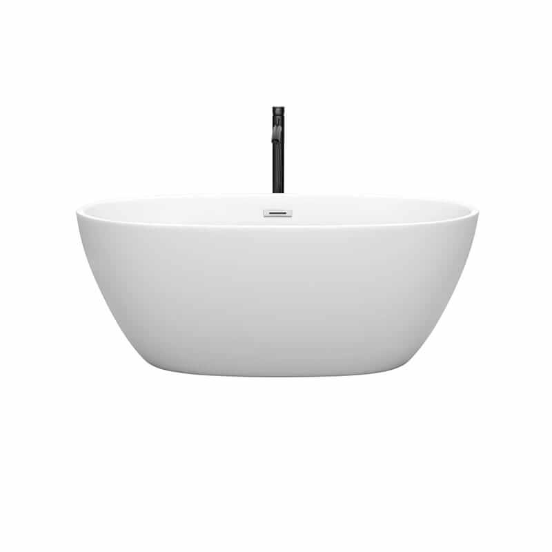 Wyndham Collection Juno 59 Inch Freestanding Acrylic Matte White Bathtub With Polished Chrome Trim and Matte Black Faucet Front View
