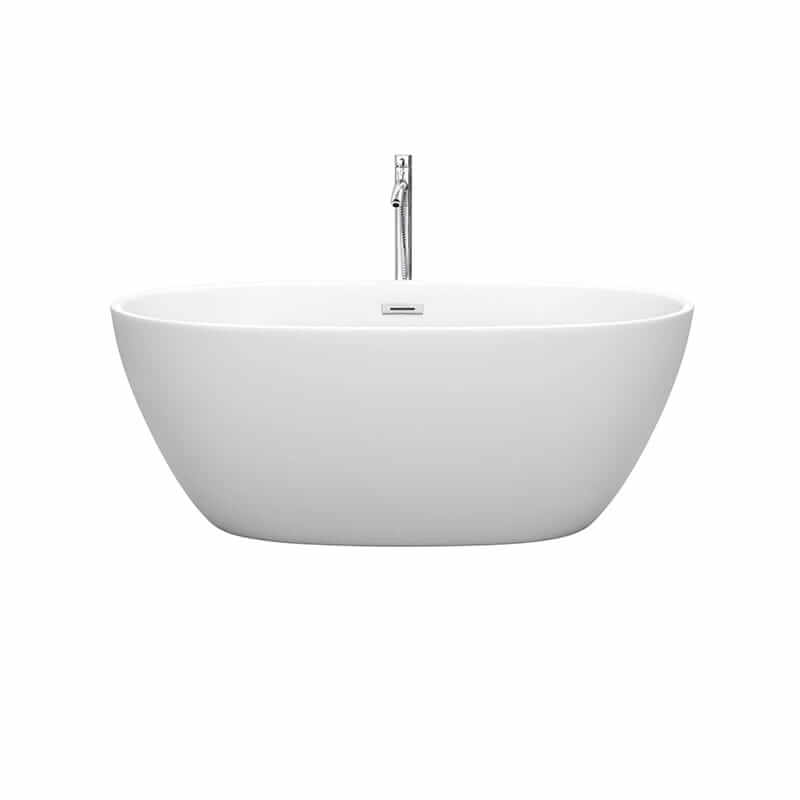 Wyndham Collection Juno 59 Inch Freestanding Acrylic Matte White Bathtub With Polished Chrome Trim Front View