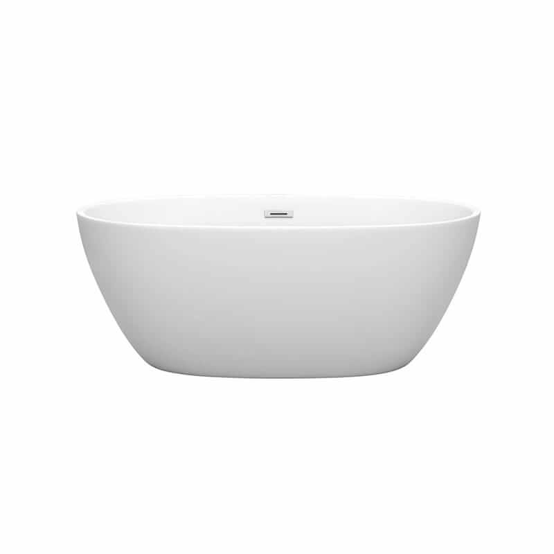 Wyndham Collection Juno 59 Inch Freestanding Acrylic Matte White Bathtub With Polished Chrome Trim No Faucet Front View