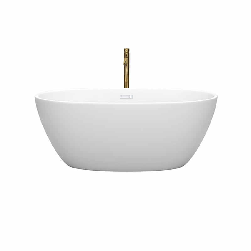 Wyndham Collection Juno 59 Inch Freestanding Acrylic Matte White Bathtub With Shiny White Trim and Brushed Gold Faucet Front View