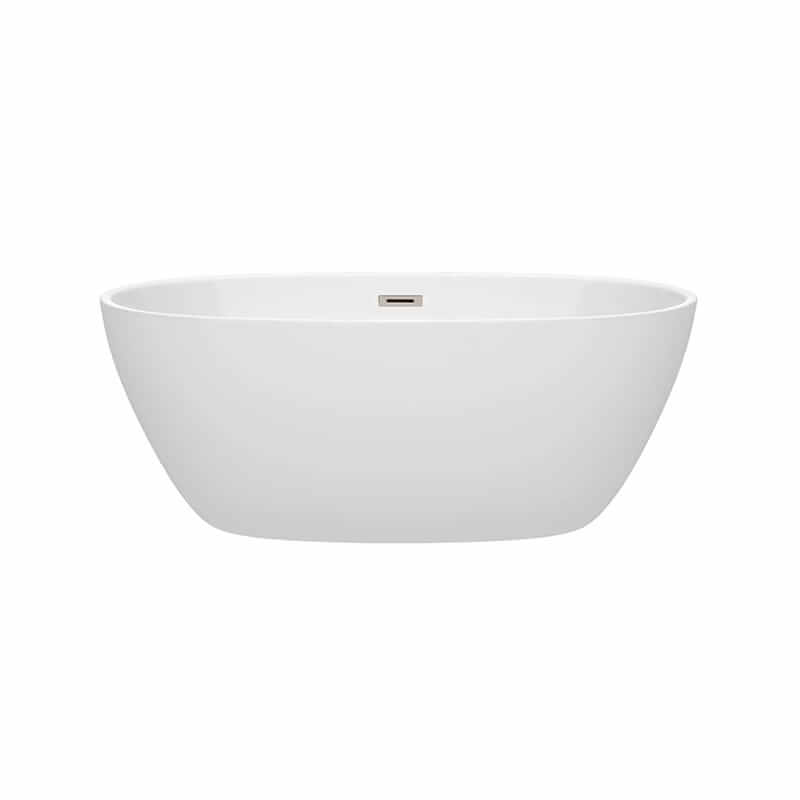 Wyndham Collection Juno 59 Inch Freestanding Acrylic White Bathtub With Brushed Nickel Trim No Faucet Front View