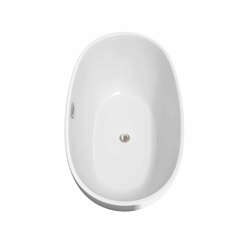 Wyndham Collection Juno 59 Inch Freestanding Acrylic White Bathtub With Brushed Nickel Trim No Faucet Top Side View