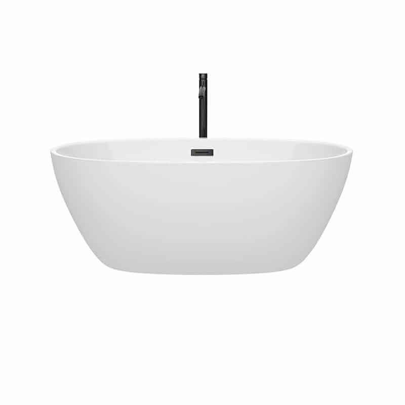 Wyndham Collection Juno 59 Inch Freestanding Acrylic White Bathtub With Matte Black Trim Front View