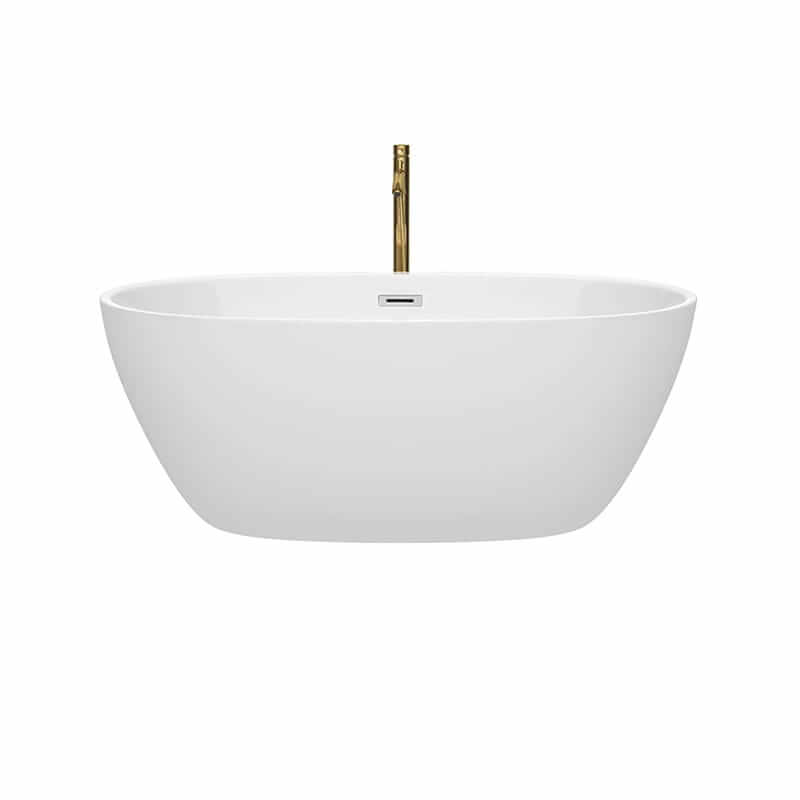 Wyndham Collection Juno 59 Inch Freestanding Acrylic White Bathtub With Polished Chrome Trim and Brushed Gold Faucet Front View