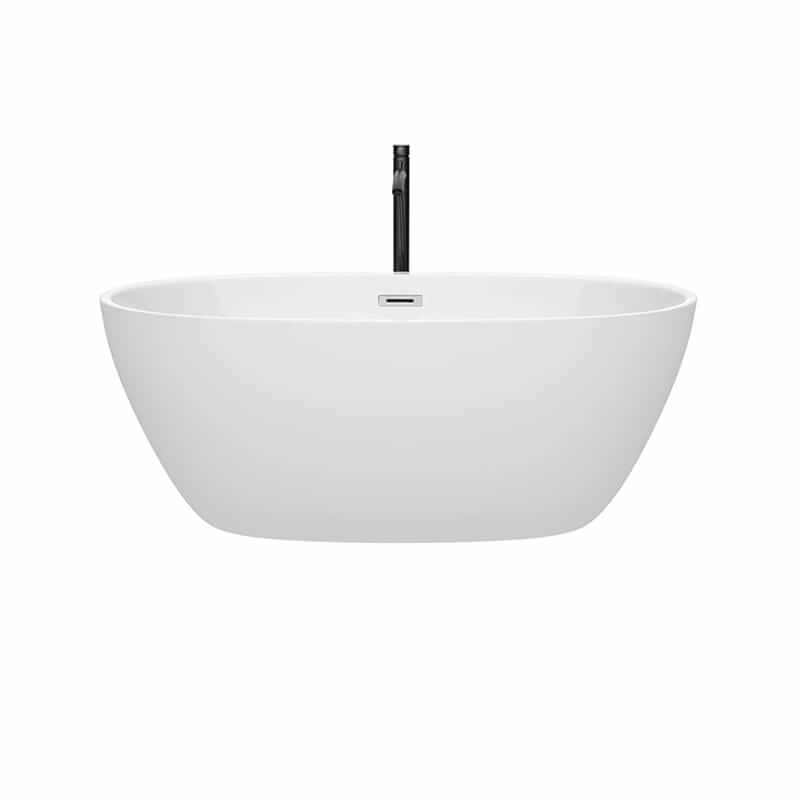 Wyndham Collection Juno 59 Inch Freestanding Acrylic White Bathtub With Polished Chrome Trim and Matte Black Faucet Front View