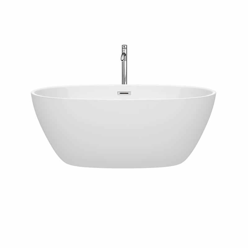 Wyndham Collection Juno 59 Inch Freestanding Acrylic White Bathtub With Polished Chrome Trim Front View