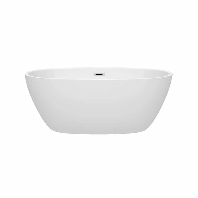 Wyndham Collection Juno 59 Inch Freestanding Acrylic White Bathtub With Polished Chrome Trim No Faucet Front View