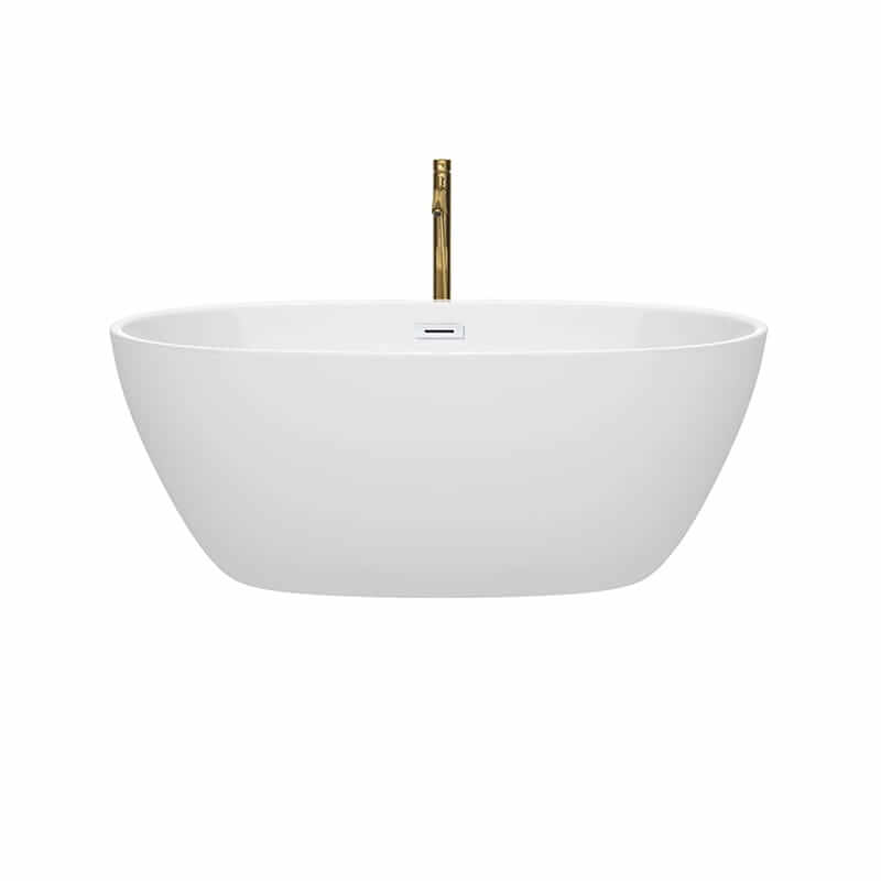 Wyndham Collection Juno 59 Inch Freestanding Acrylic White Bathtub With Shiny White Trim and Brushed Gold Faucet Front View