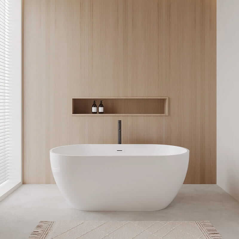 Wyndham Collection Juno 63" Freestanding Acrylic Bathtub With Shiny White Trim and Matte Black Faucet Lifestyle