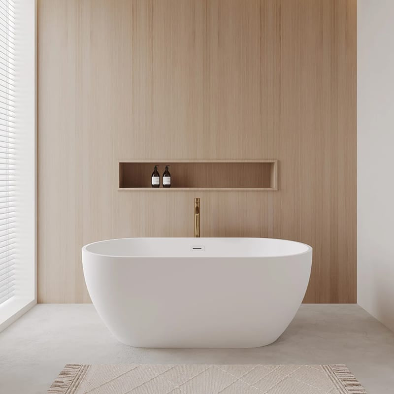 Wyndham Collection Juno 63" Freestanding Acrylic Matte White Bathtub With Shiny White Trim and Brushed Gold Faucet Lifestyle