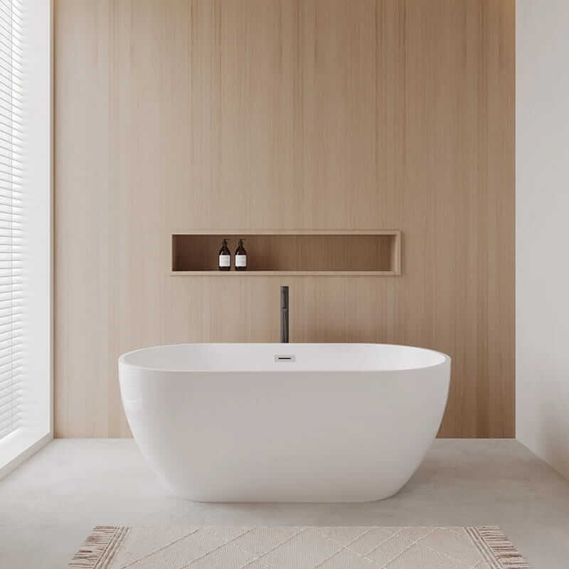Wyndham Collection Juno 63" Freestanding Acrylic White Bathtub With Polished Chrome Trim and Matte Black Faucet Lifestyle
