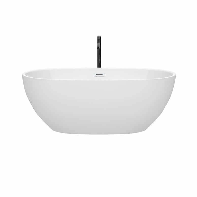 Wyndham Collection Juno 63 Inch Freestanding Acrylic Bathtub With Shiny White Trim and Matte Black Faucet Front View
