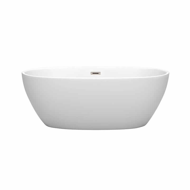 Wyndham Collection Juno 63 Inch Freestanding Acrylic Matte White Bathtub Brushed Nickel Trim No Faucet Front View