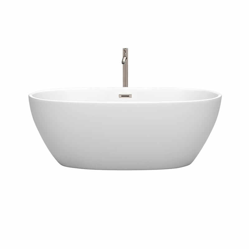 Wyndham Collection Juno 63 Inch Freestanding Acrylic Matte White Bathtub With Brushed Nickel Trim Front View