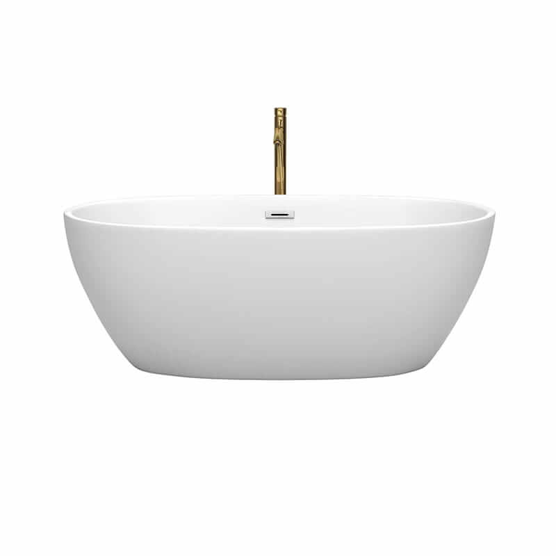 Wyndham Collection Juno 63 Inch Freestanding Acrylic Matte White Bathtub With Polished Chrome Trim and Brushed Gold Faucet Front View