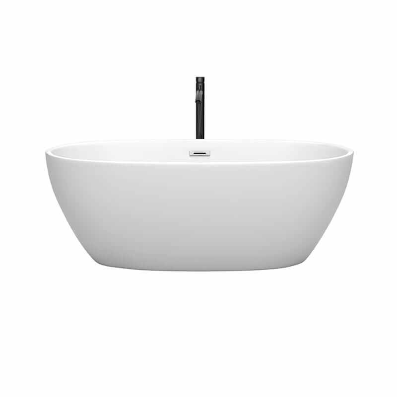 Wyndham Collection Juno 63 Inch Freestanding Acrylic Matte White Bathtub With Polished Chrome Trim and Matte Black Faucet Front View