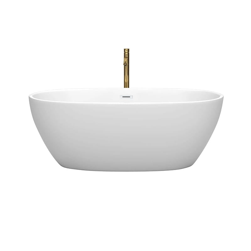Wyndham Collection Juno 63 Inch Freestanding Acrylic Matte White Bathtub With Shiny White Trim and Brushed Gold Faucet Front View