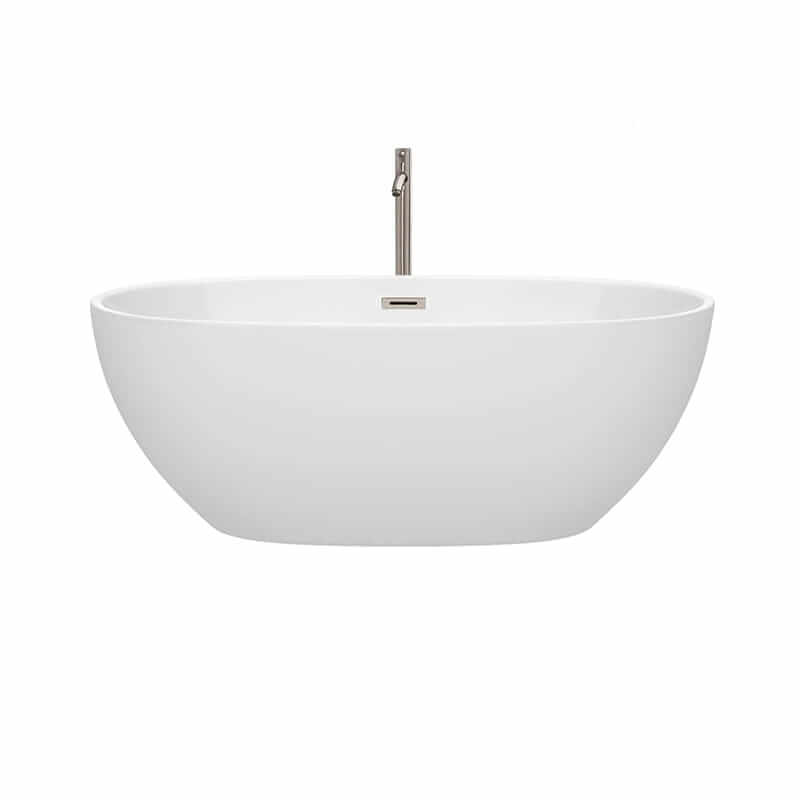 Wyndham Collection Juno 63 Inch Freestanding Acrylic White Bathtub With Brushed Nickel Trim Front View