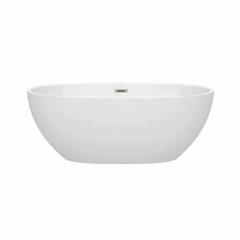Wyndham Collection Juno 63 Inch Freestanding Acrylic White Bathtub With Brushed Nickel Trim No Faucet Front View