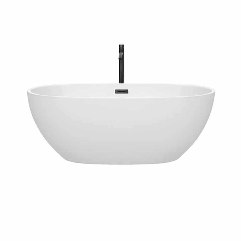 Wyndham Collection Juno 63 Inch Freestanding Acrylic White Bathtub With Matte Black Trim Front View